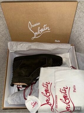 Christian Louboutin Olive Green Suede Studded High-Top Sneakers with Red Accents